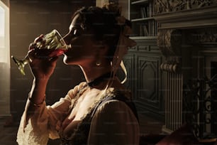 uma mulher bebendo um copo de vinho em frente a uma lareira