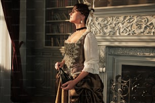 a woman in a dress standing in front of a fireplace