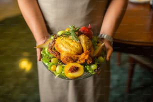a person holding a plate of food on a table