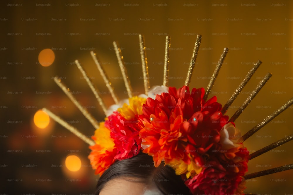 a woman with a flower crown on her head