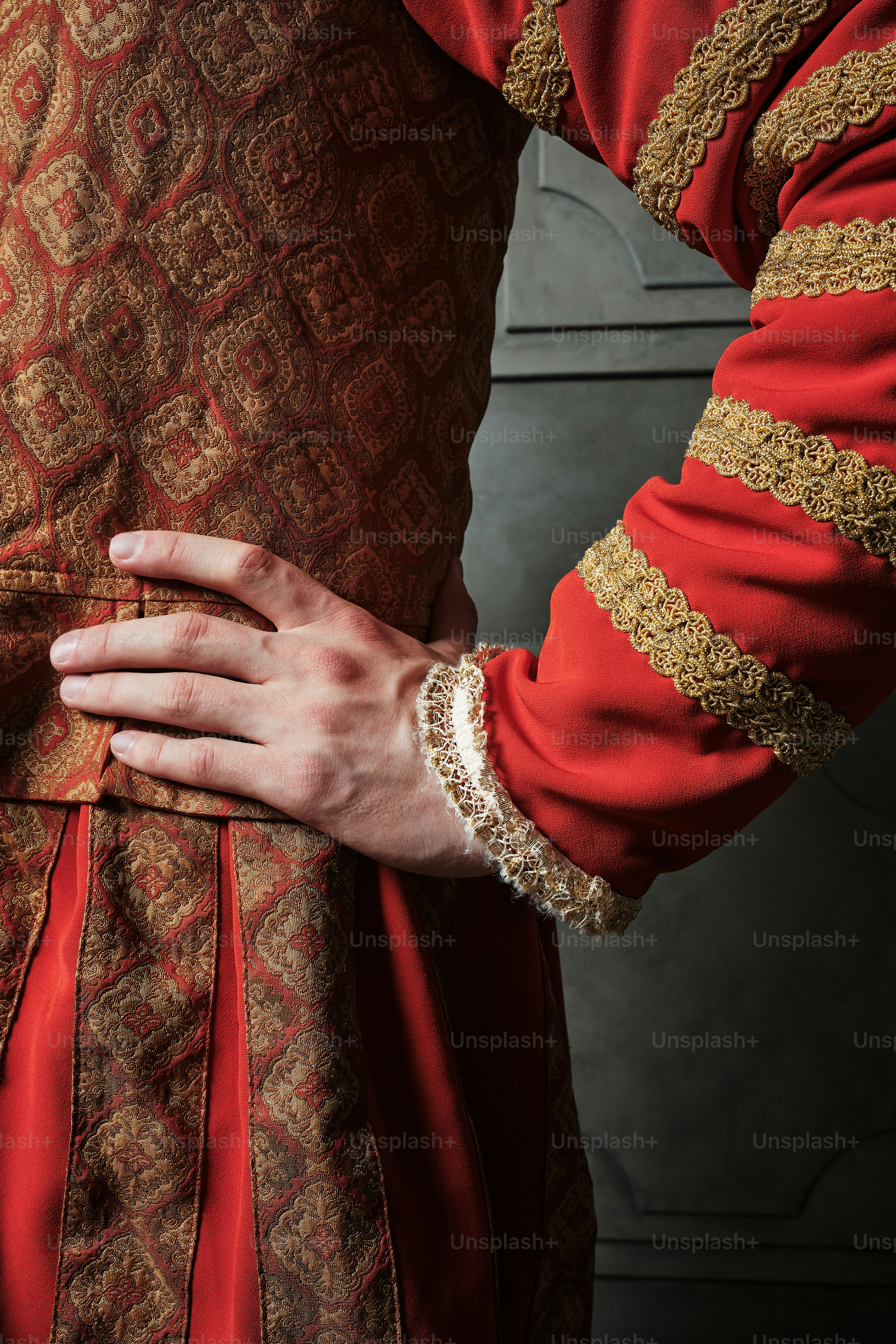 a close up of a person wearing a red and gold dress