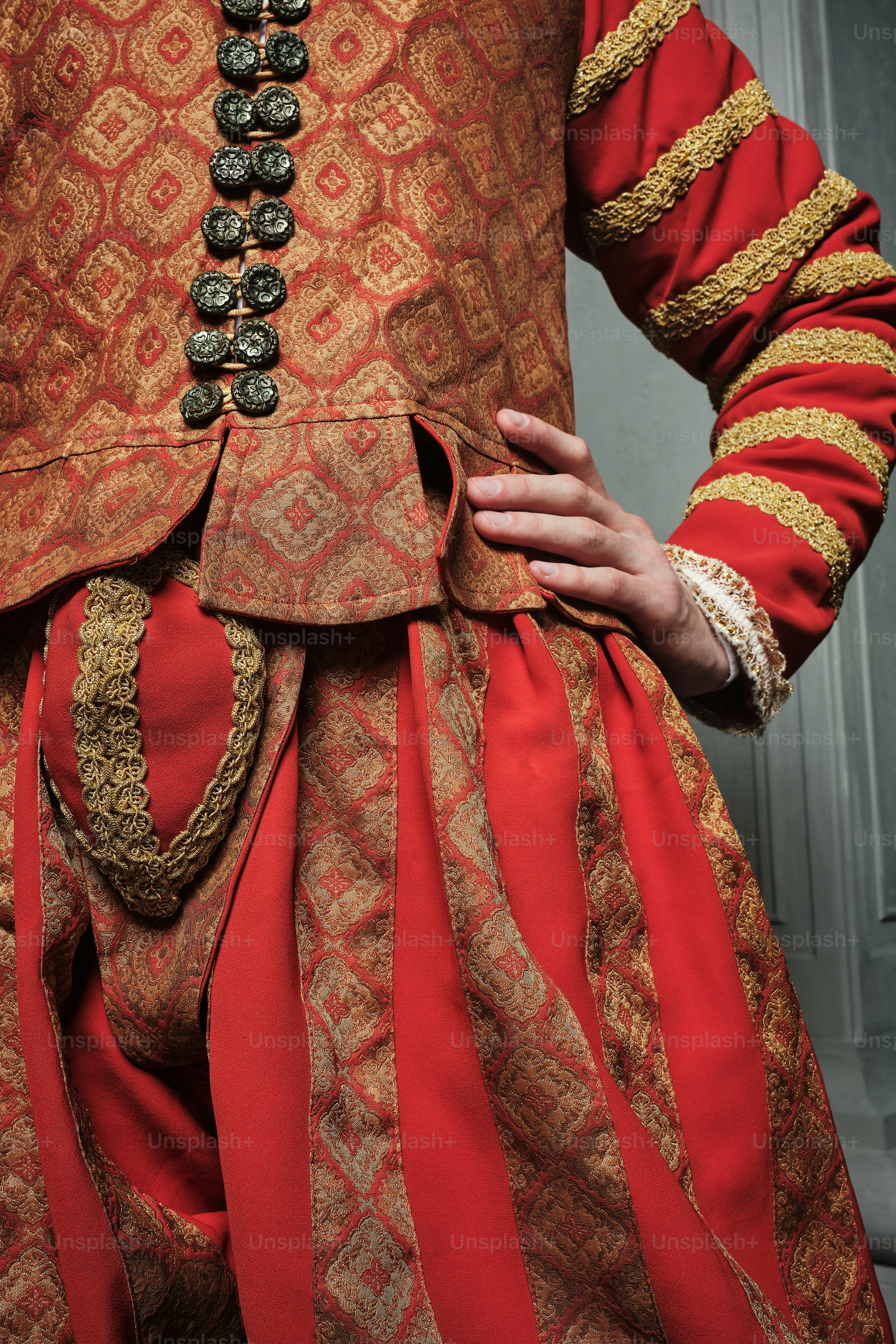 a close up of a person wearing a red and gold dress
