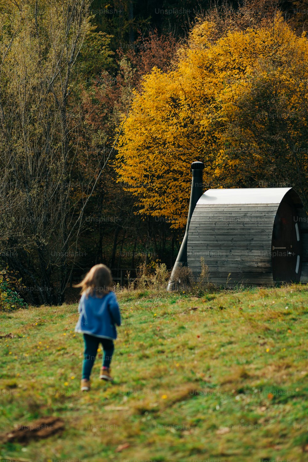 a little girl standing in a field next to a barn