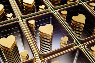 a bunch of gold hearts are in a tray