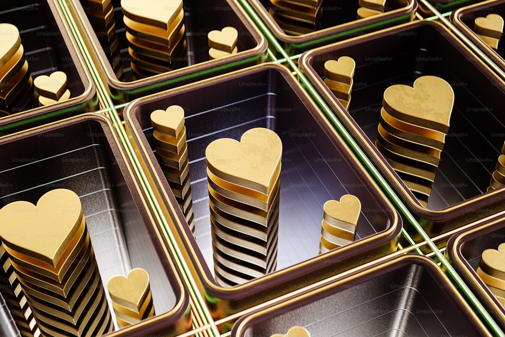 a bunch of gold hearts are in a tray