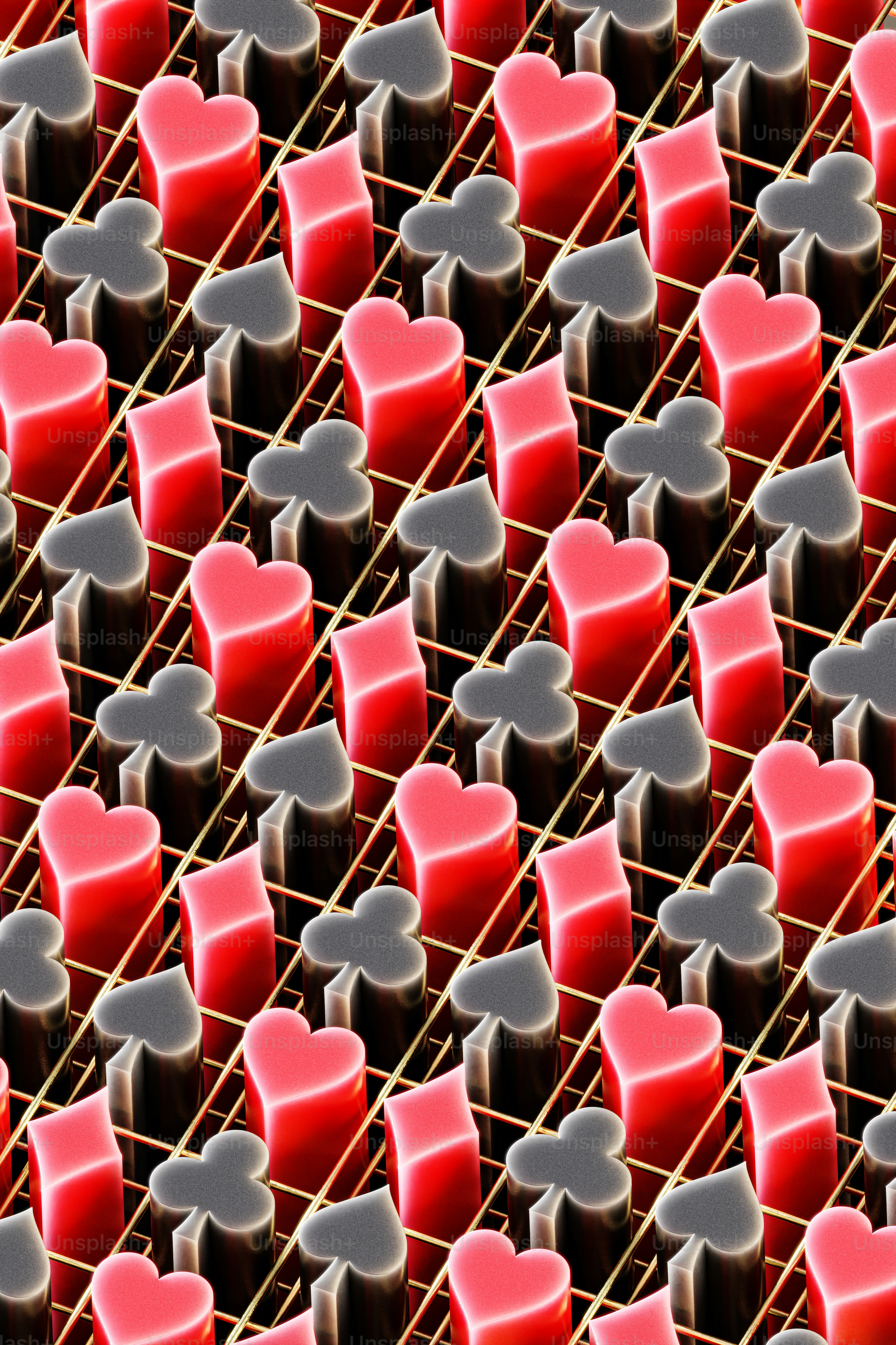 3D geometric pattern of playing card suits.