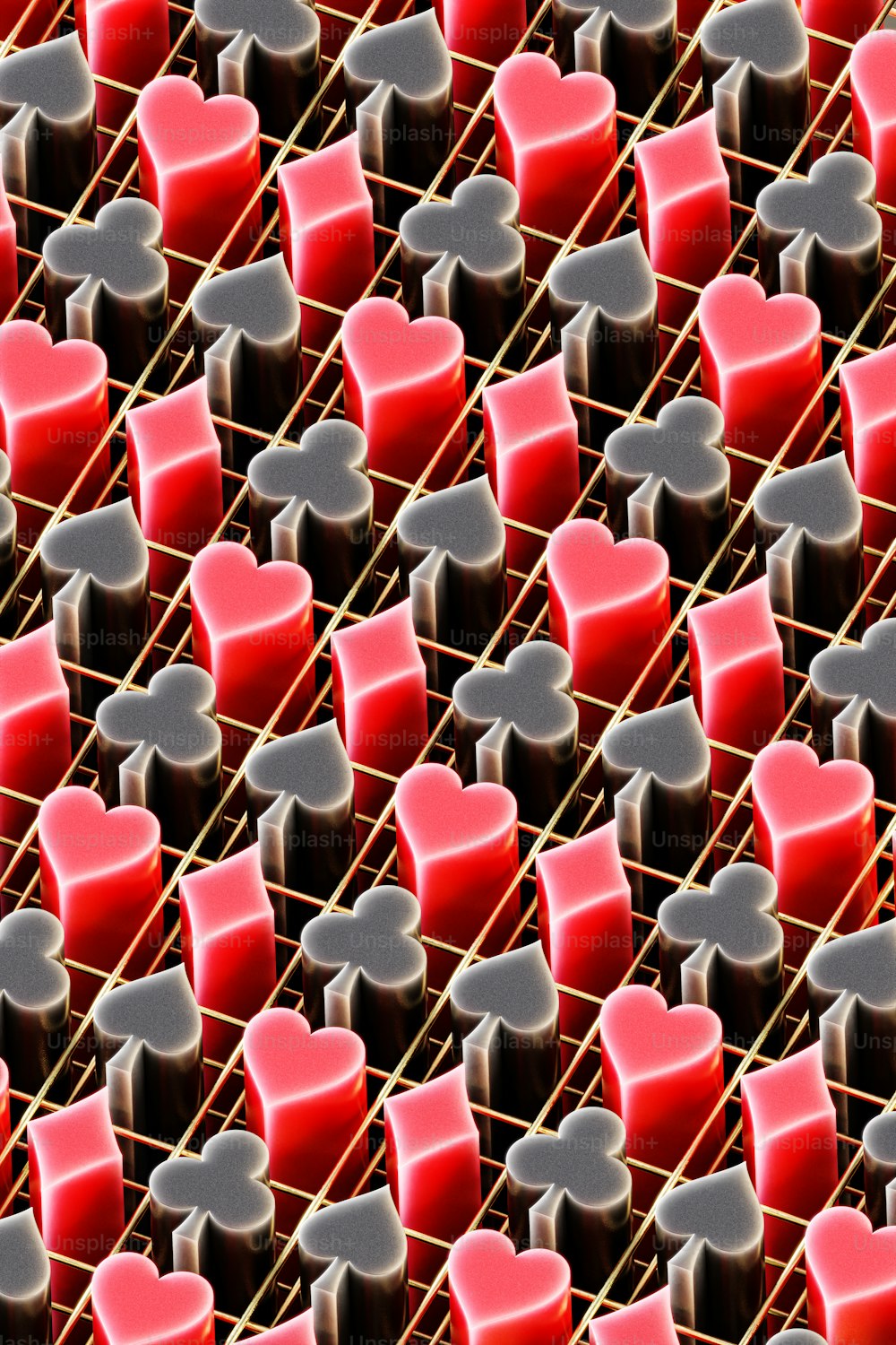 a group of red and black hearts sitting on top of a metal rack