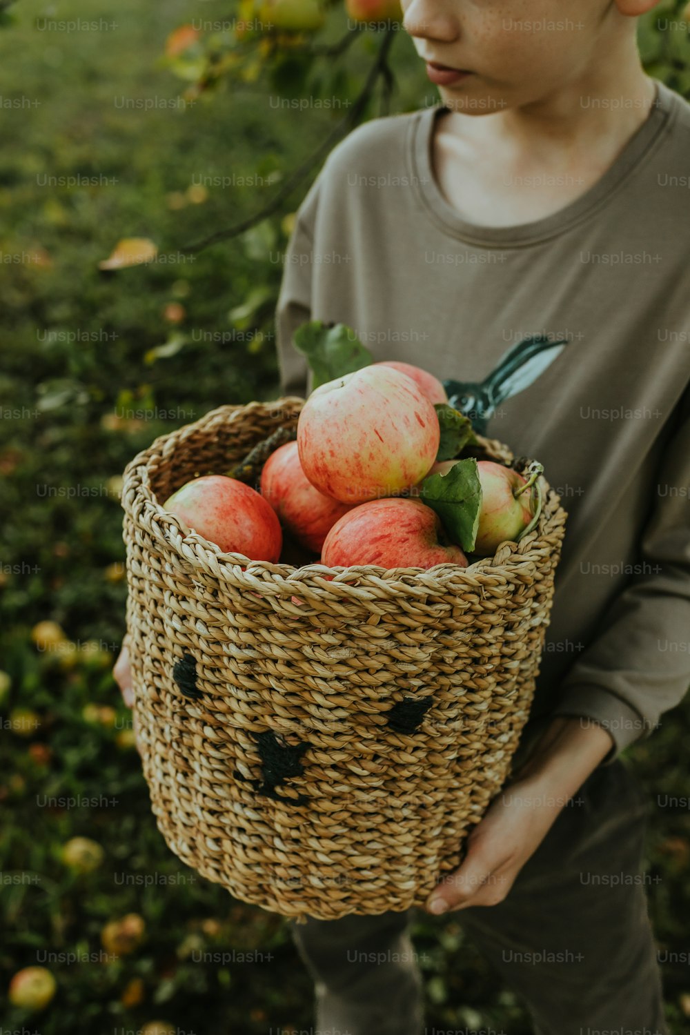 a young boy holding a basket full of apples