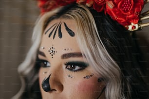 Une femme avec de la peinture faciale et des fleurs dans les cheveux