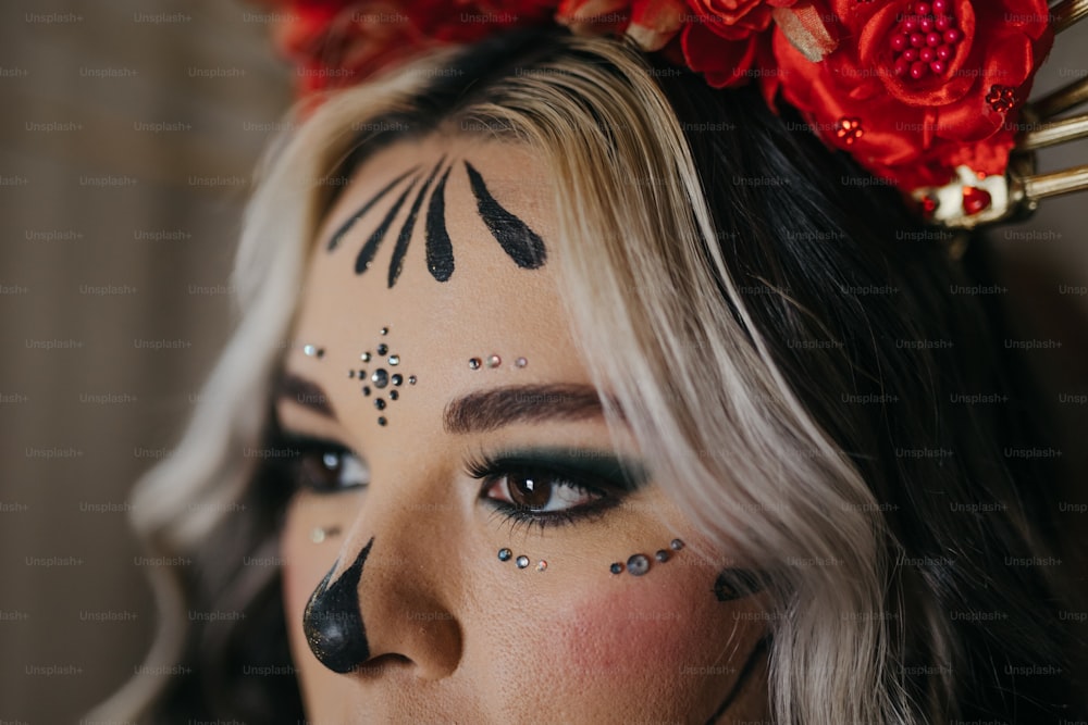 a woman with face paint and flowers in her hair