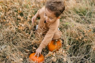 a little boy is playing with some pumpkins