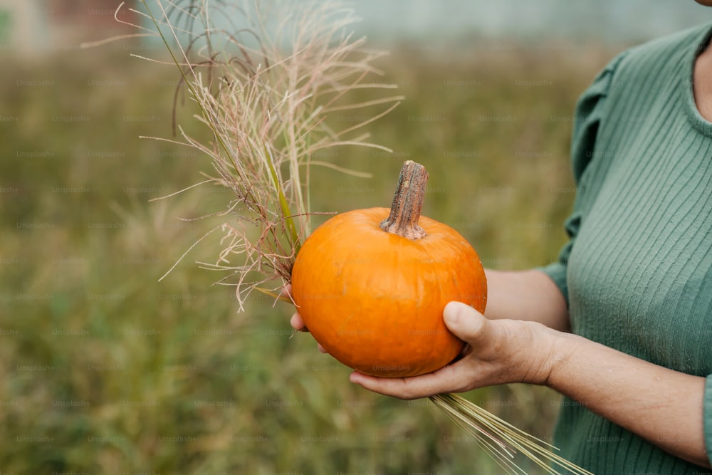 a woman holding a pumpkin in a field