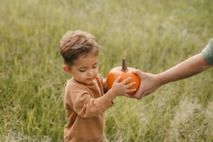 Un niño pequeño sosteniendo una calabaza en un campo