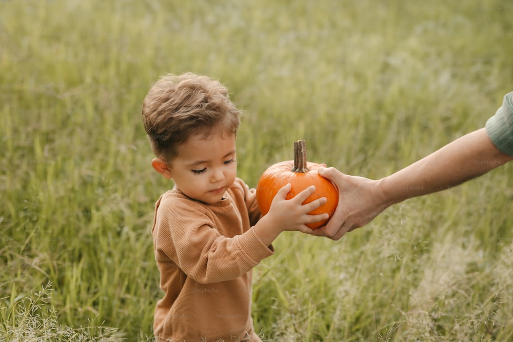 a little boy holding a pumpkin in a field