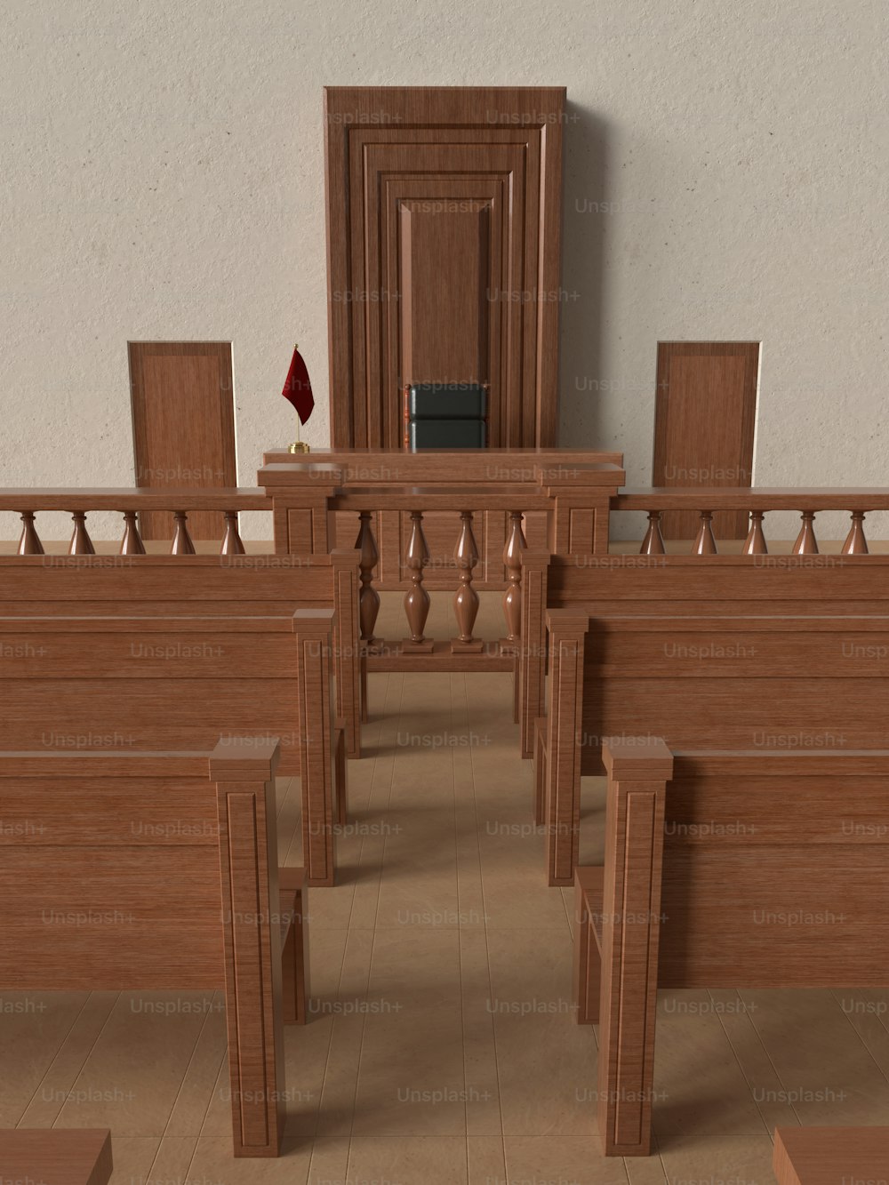 a computer generated image of a church pews