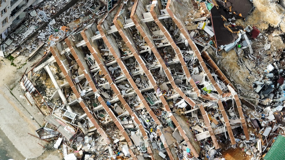 an aerial view of a building that has been destroyed