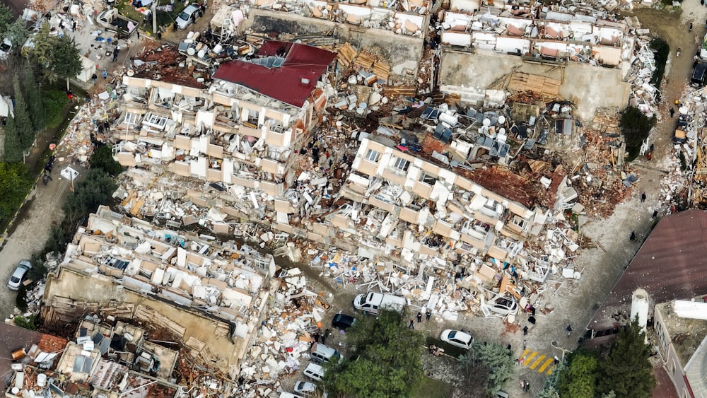 an aerial view of a building that has been destroyed