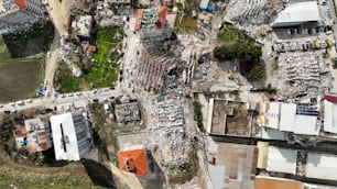 an aerial view of a city with lots of rubble