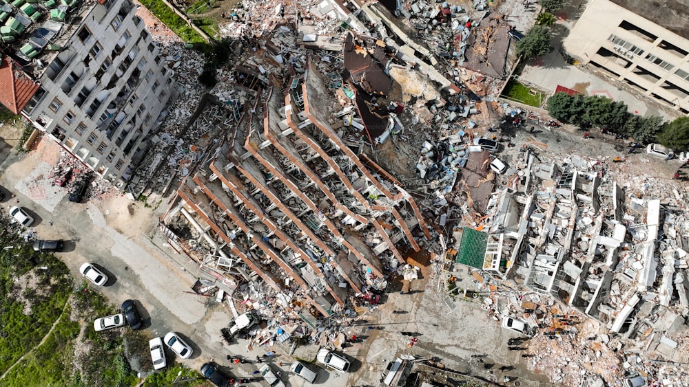 an aerial view of a building that has been destroyed