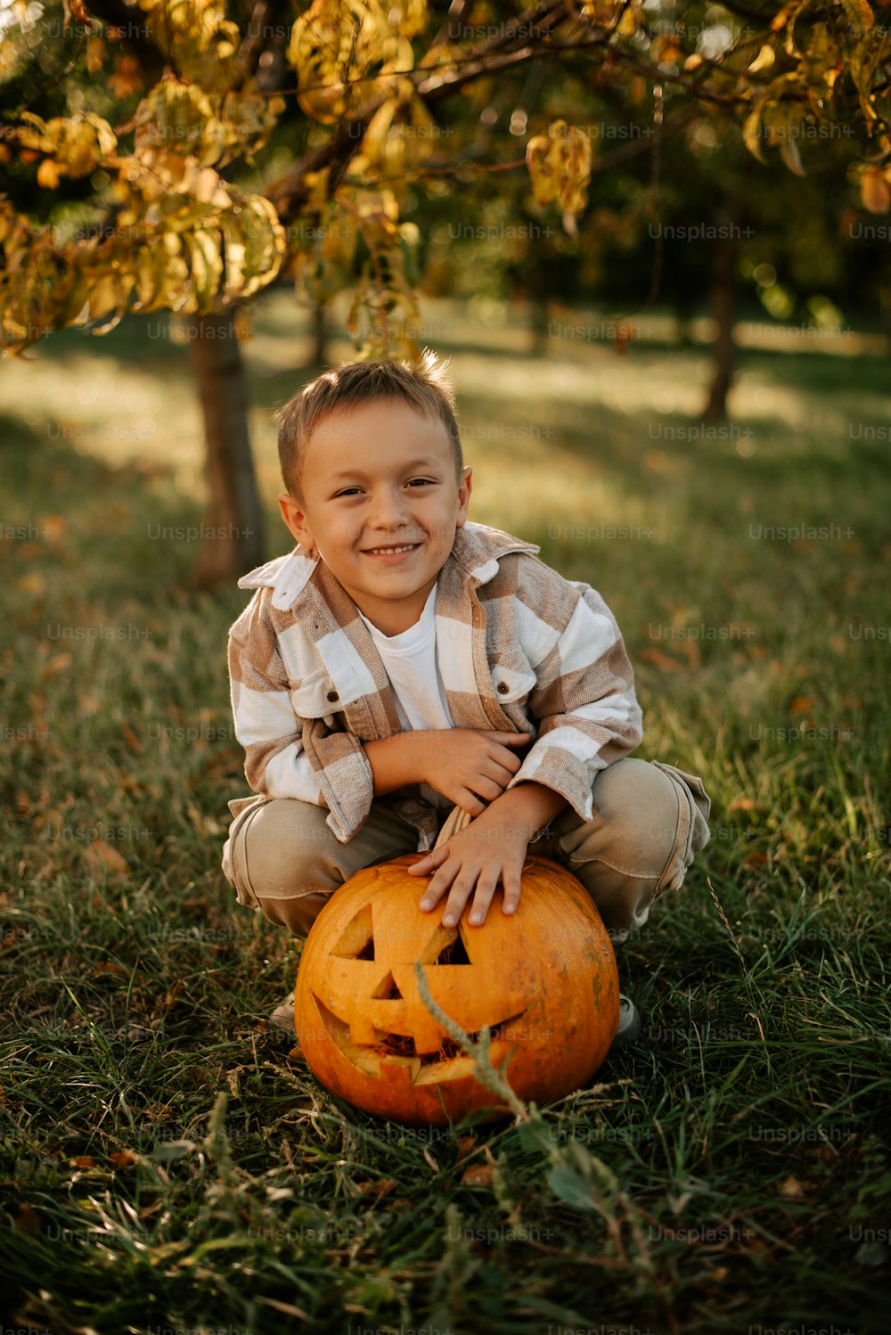 a little boy sitting in the grass with a pumpkin