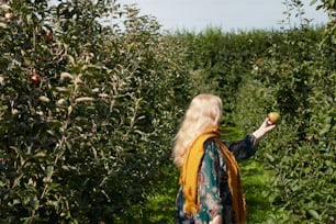Una mujer parada en un huerto de manzanas sosteniendo una manzana