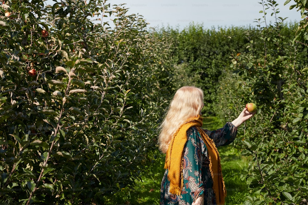 a woman standing in an apple orchard holding an apple