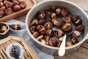 a pan filled with nuts on top of a wooden table