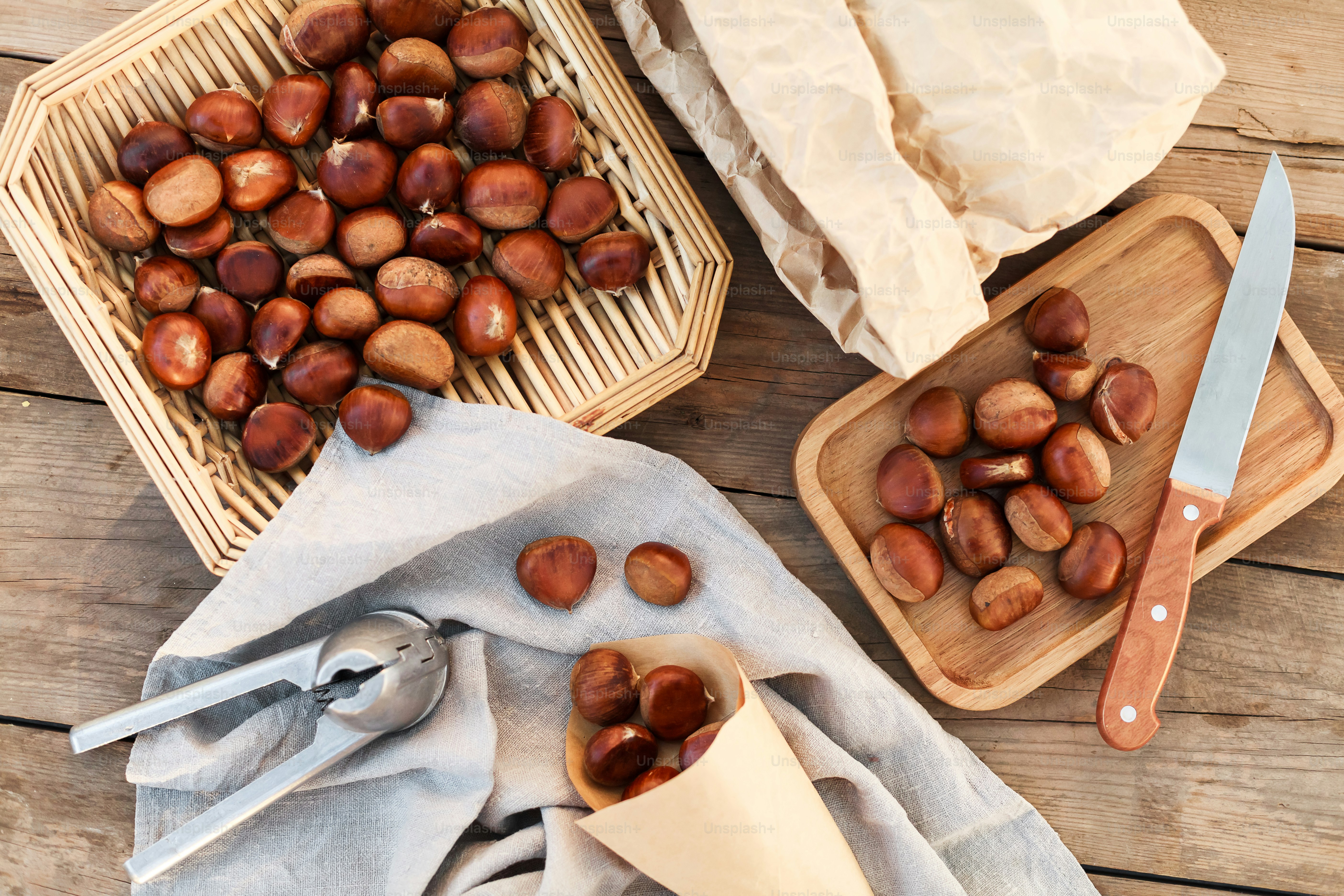 a wooden table topped with different types of food