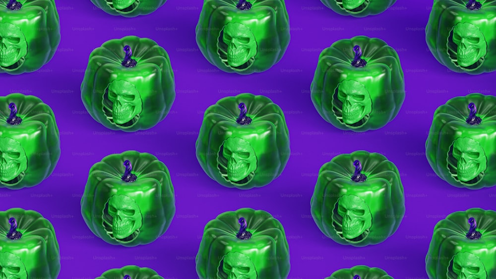 a pattern of green faces on a purple background