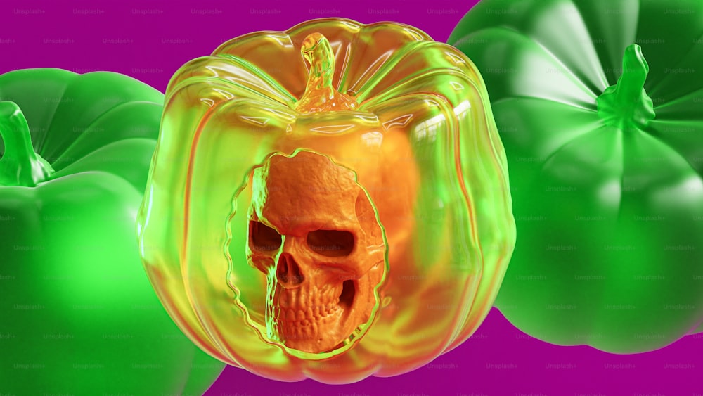 a skull inside of a green bell pepper