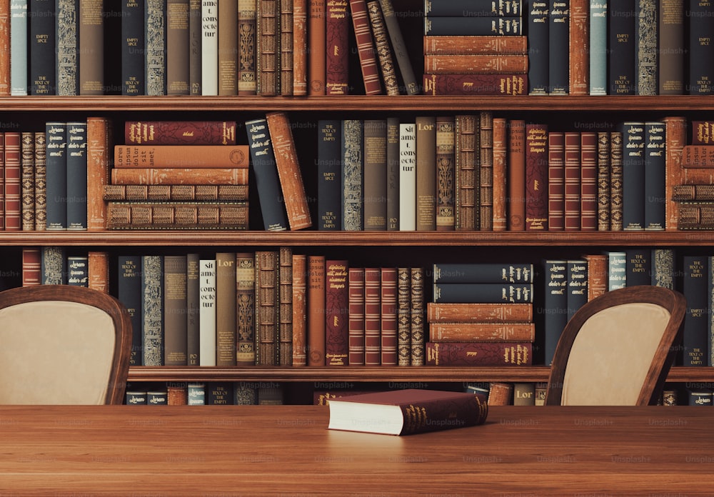 ein Holztisch mit einem Buch darauf vor einem Bücherregal