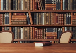 a wooden table with a book on it in front of a bookshelf