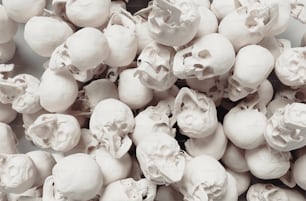 a pile of white skulls with a rose in the middle