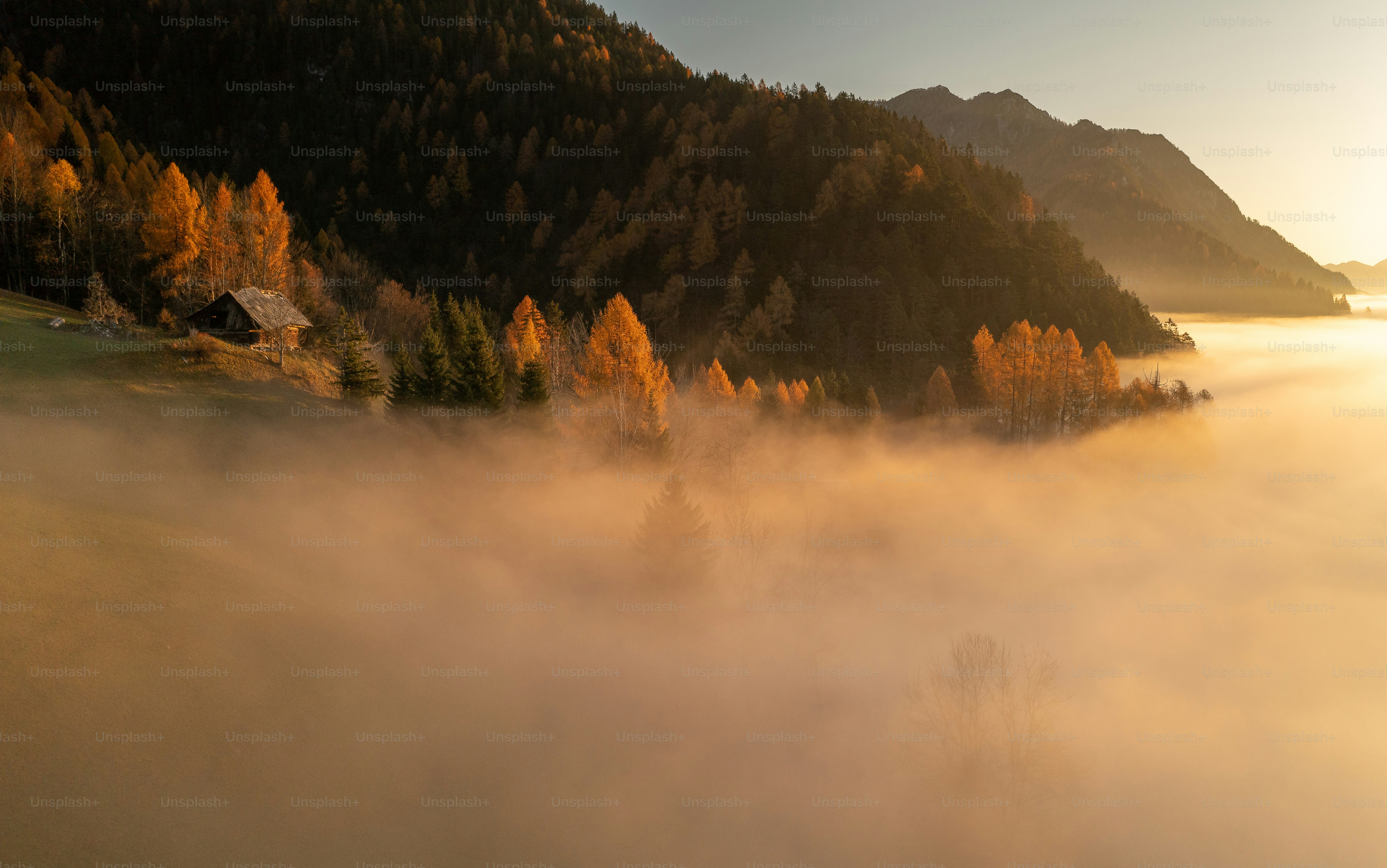 An aerial view of a foggy mountain with a house in the foreground photo ...