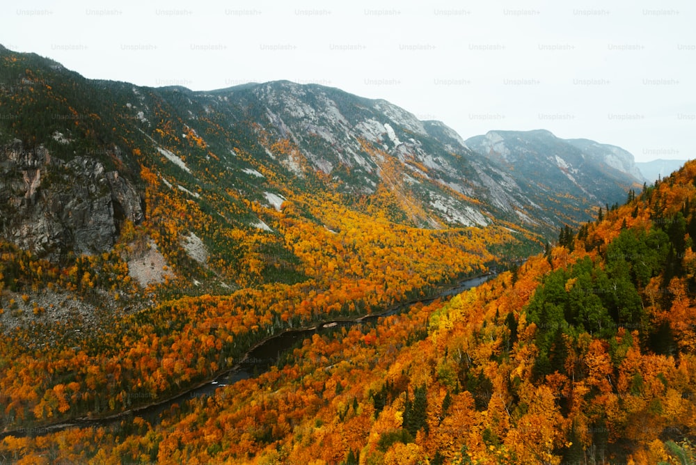 uma vista panorâmica de uma montanha com um rio que a atravessa