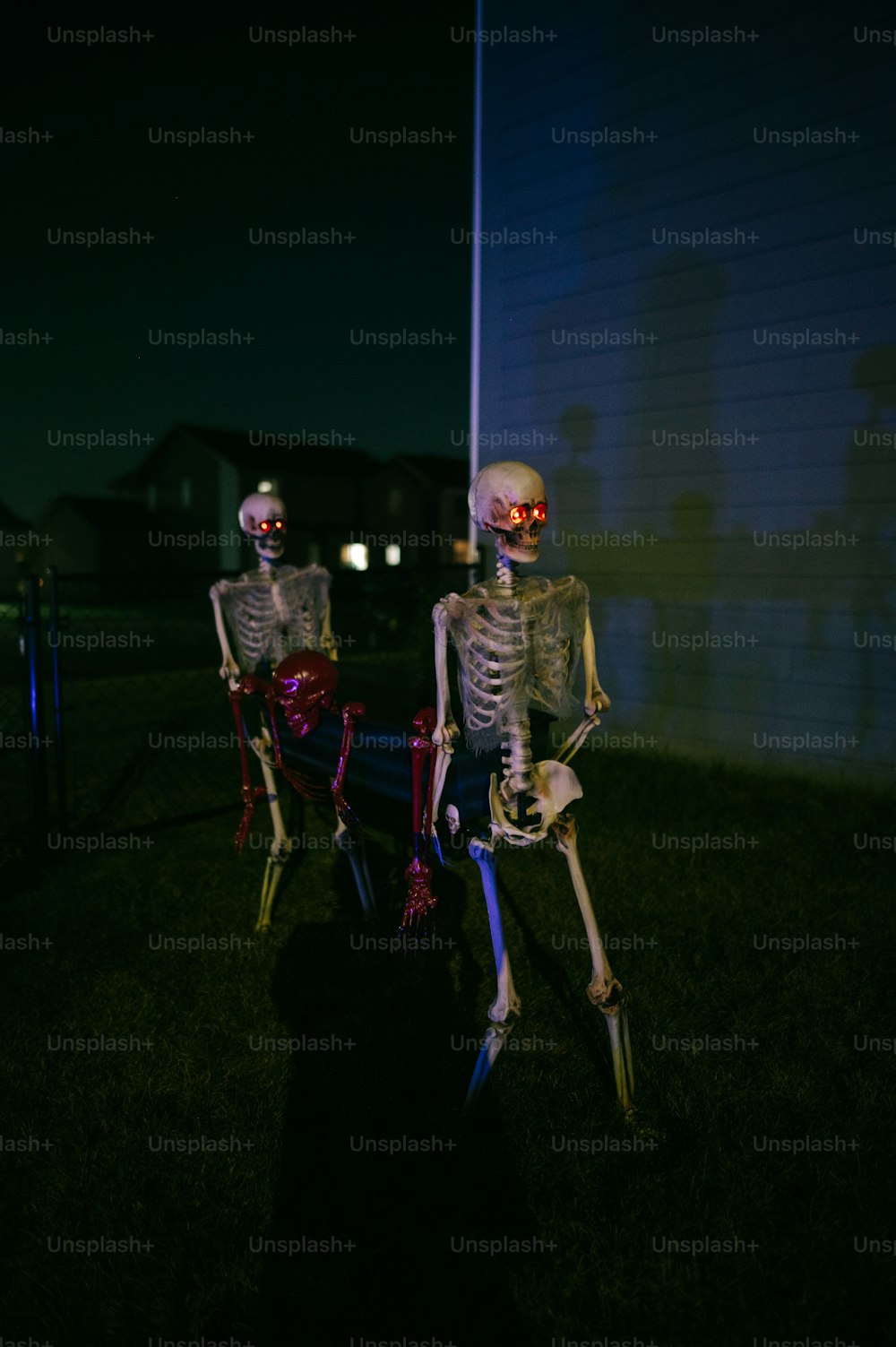 a couple of skeletons sitting on top of a bench