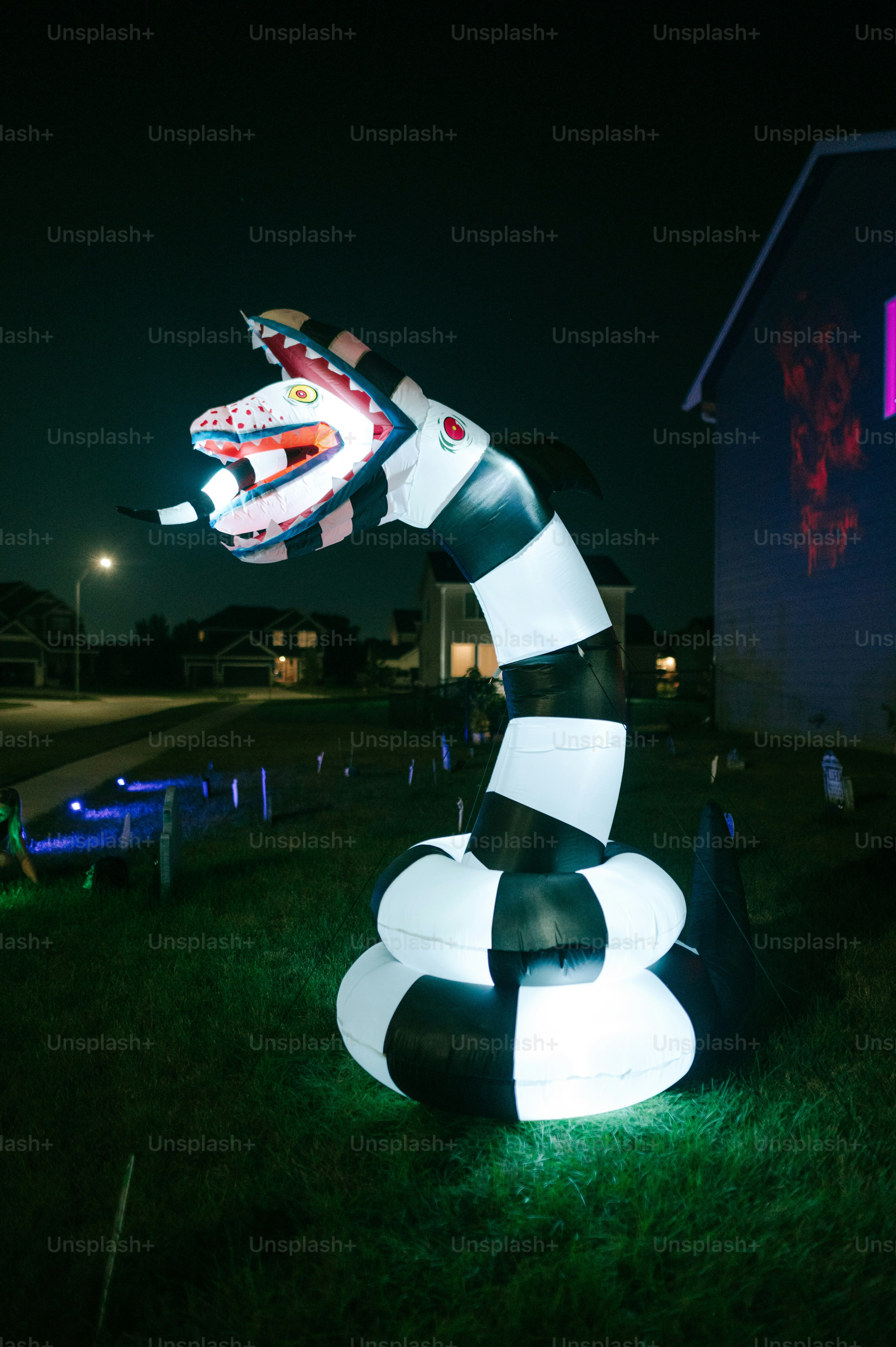 a large inflatable dragon sitting on top of a lush green field