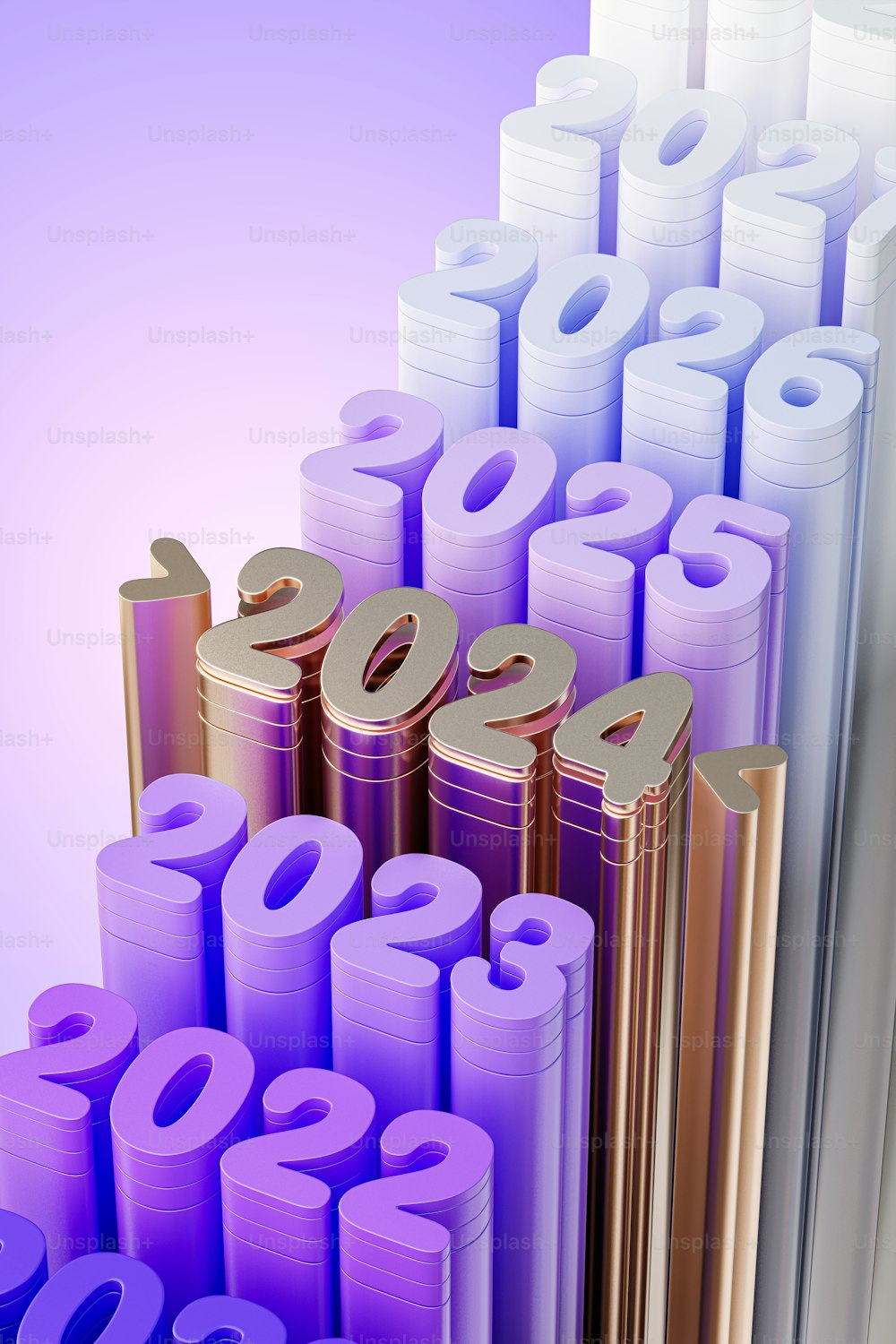a pile of purple and gold numbers sitting next to each other