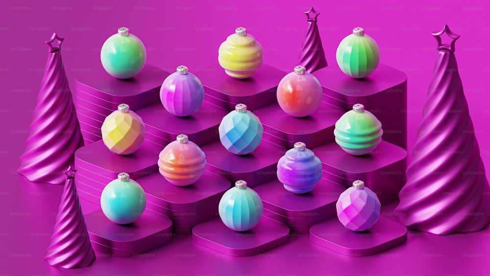a bunch of different colored ornaments on a purple surface