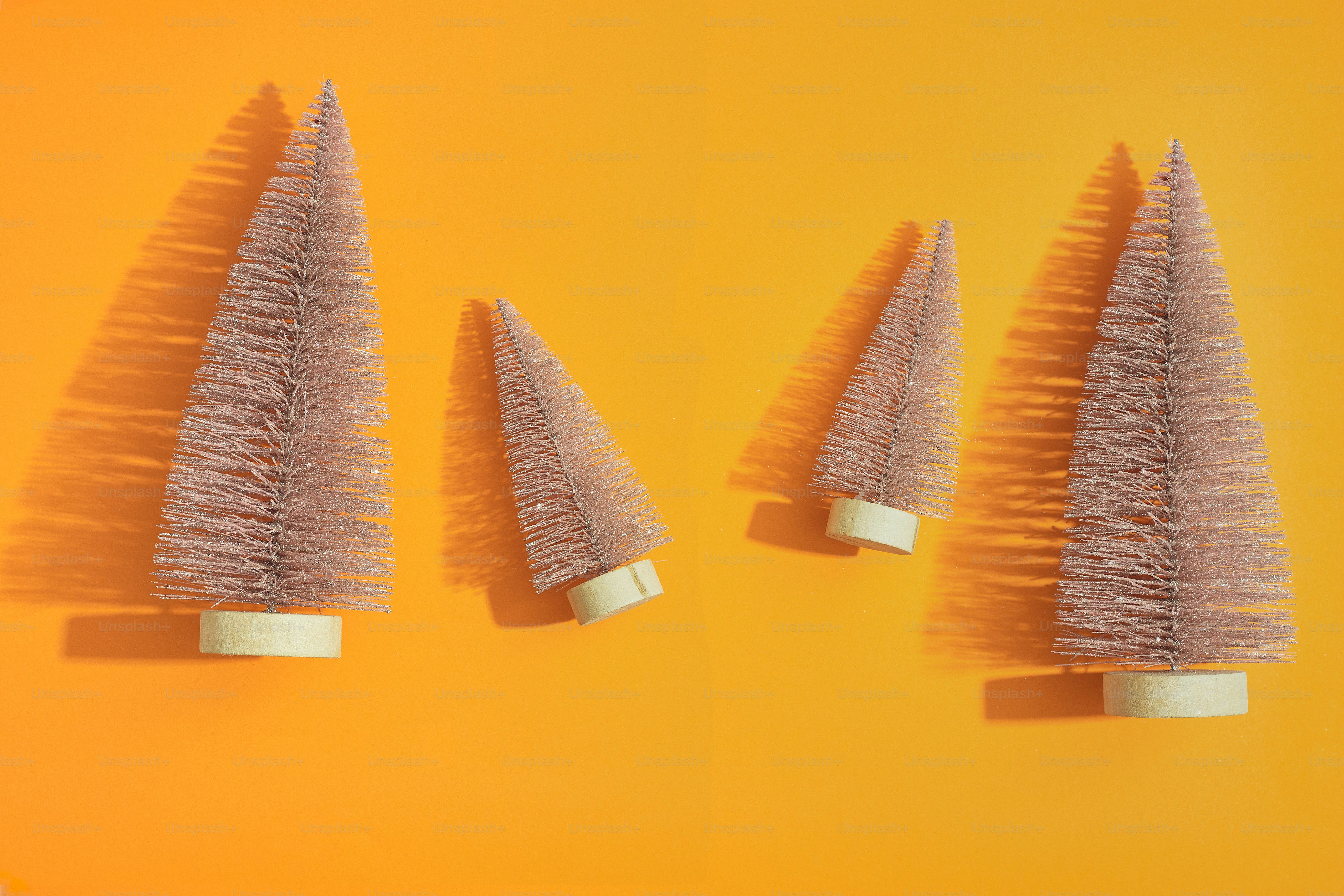 A group of three small trees sitting on top of a pink surface photo Christmas Image on Unsplash