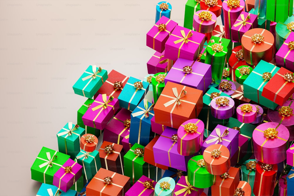 a pile of brightly colored wrapped gift boxes