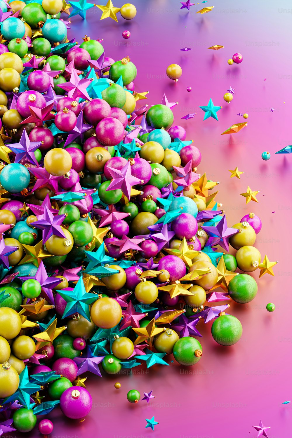a pile of colorful stars and confetti on a pink background