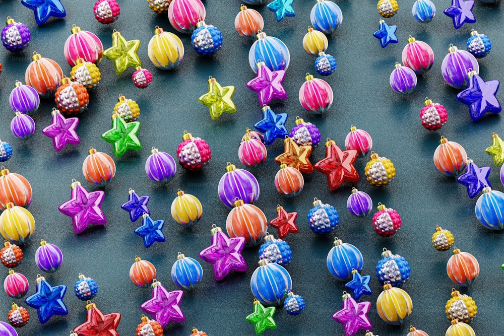 a table topped with lots of colorful balls and stars