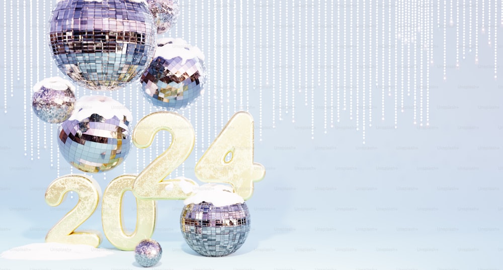 a number of shiny balls and numbers are in front of a blue background