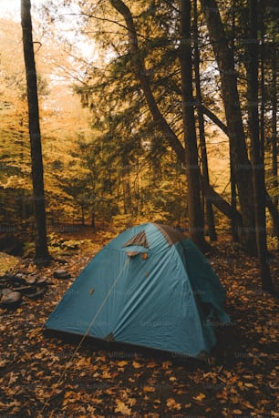 a tent pitched up in the woods on a fall day