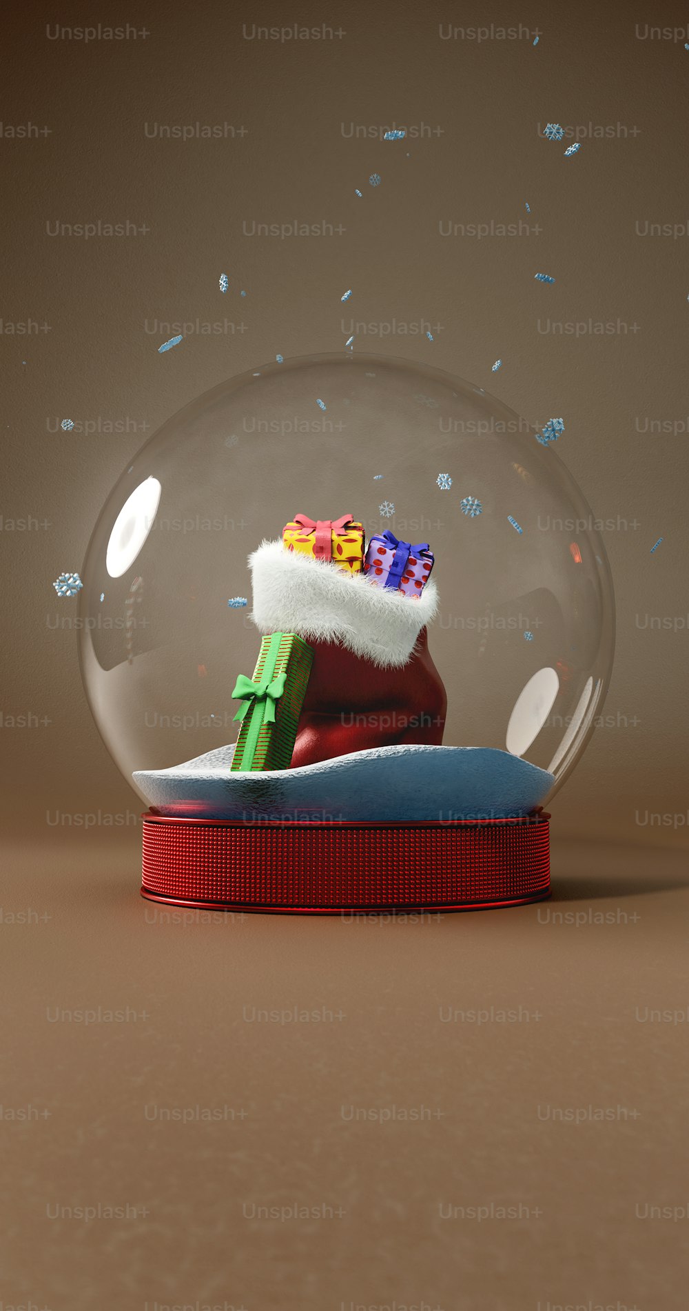 a snow globe with a santa hat and presents inside