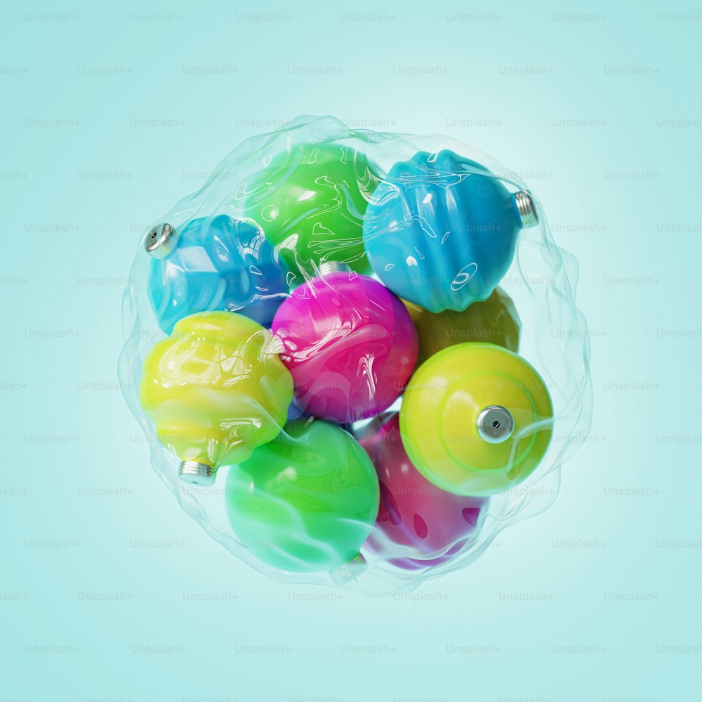 a bunch of colorful balls in a plastic bag
