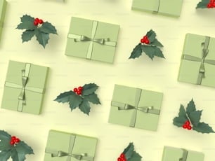 a bunch of presents with holly leaves on them