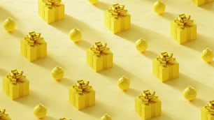 a lot of yellow presents with bows and balls