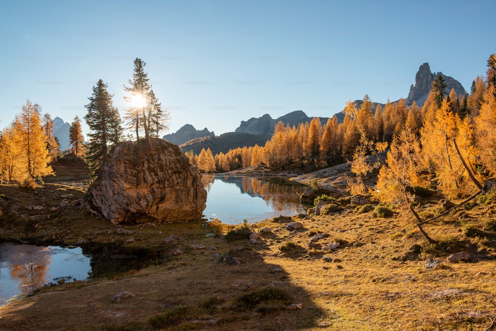 El sol brilla en un lago de montaña rodeado de árboles
